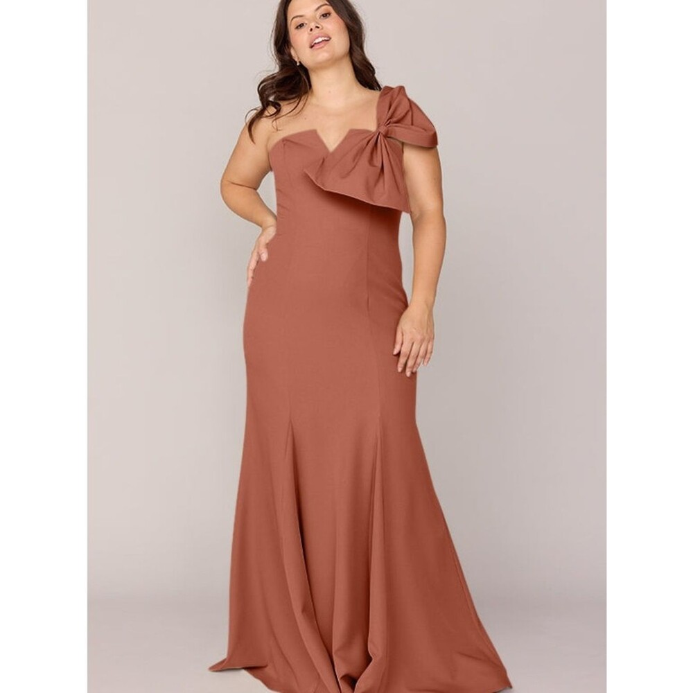 One-Shoulder Cinnamon Rust Mermaid Evening Dress with Bow from Revelry